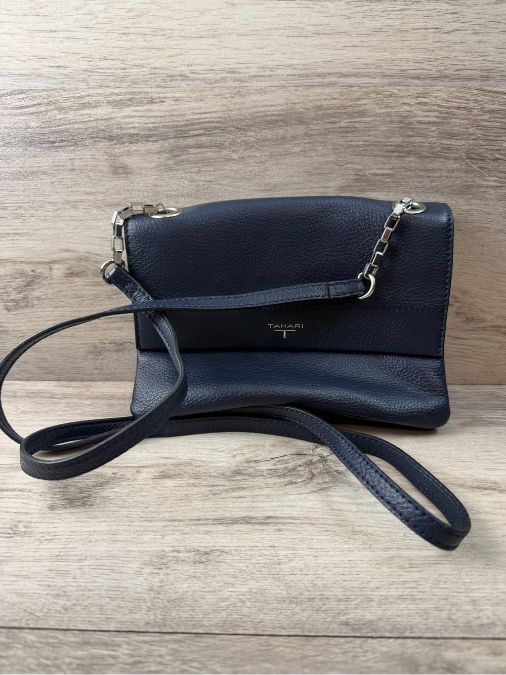 Tahari Farrah Crossbody Bag In Blue Pebbled Leather Purse